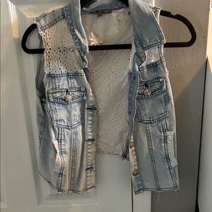Miss Me Denim Vest with White Lace Accents